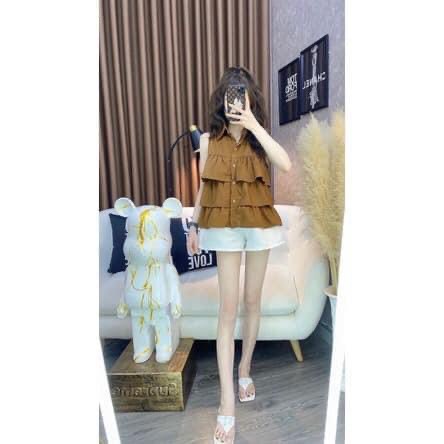 Áo sơ mi nữ sát nách bèo 3 tầng chất thô mềm- sơ mi babydoll cổ yếm màu trắng/xanh//nâu phong cách hàn quốc