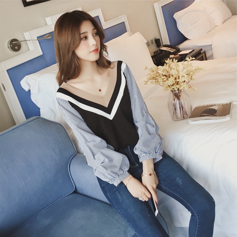 Cổ Phiếu Sẵn Sàng ❥❥ Áo Sơ Mi Tay Dài Cổ Chữ v Họa Tiết Kẻ Sọc Màu Sắc Trẻ Trung Phong Cách Hàn Quốc