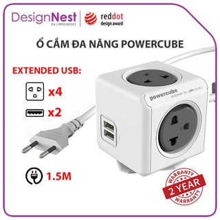 Ổ Cắm Điện Đa Năng Allocacoc PowerCube Extended USB 1.5M, 4 Mặt Ổ Cắm Và 2 Cổng Sạc USB Chống Giật Bảo Hành 2 Năm
