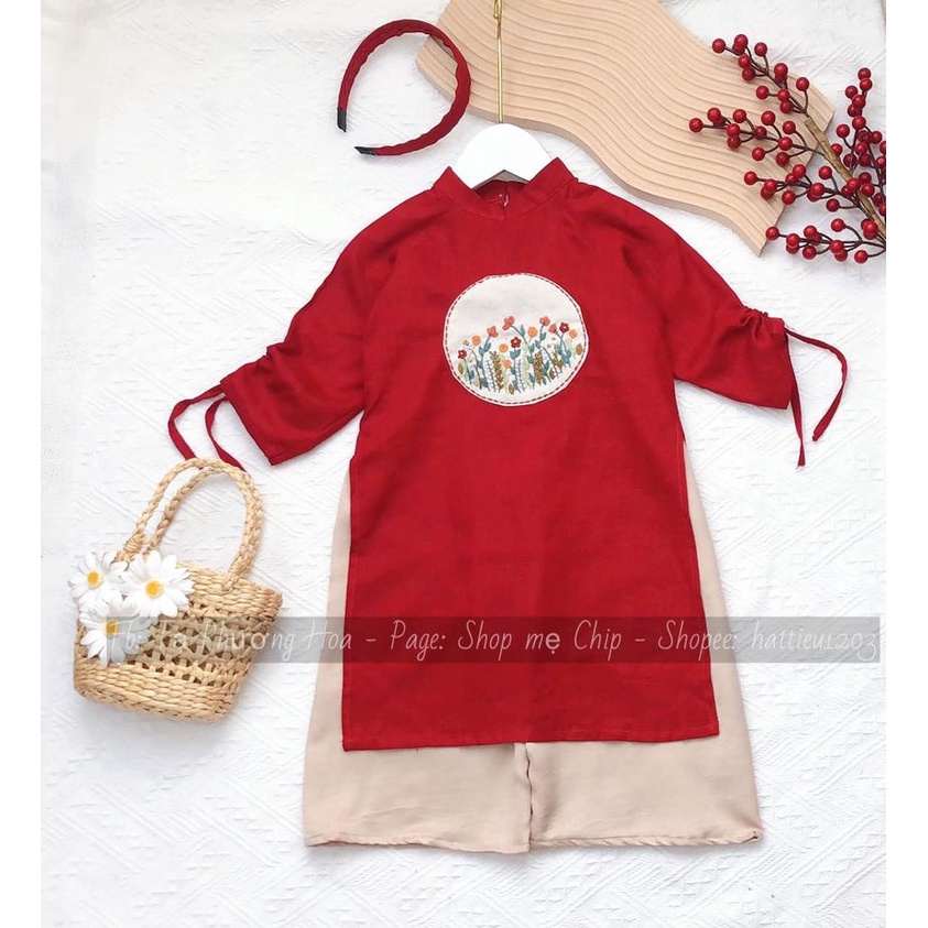 Set Áo Dài Vải Linen Họa Tiết Thêu Tay Cho Bé Gái