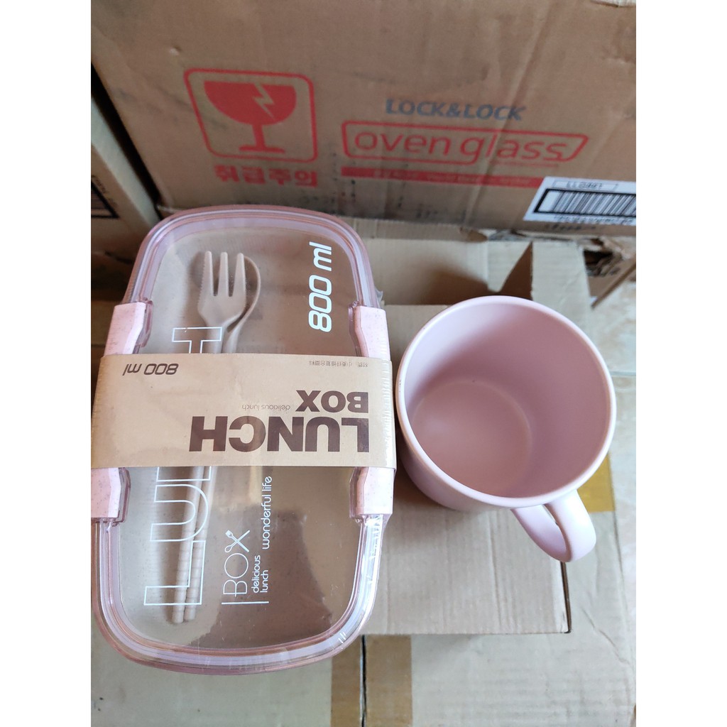 Hộp đựng cơm lúa mạch 2 tầng LUNCH BOX 800ml kèm ly sứ, thìa và nĩa | BigBuy360 - bigbuy360.vn