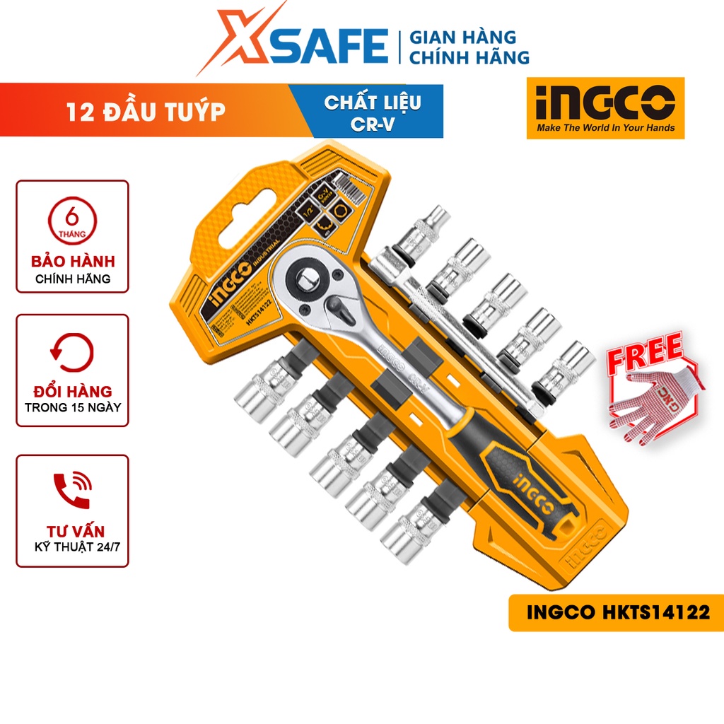 Bộ 12 đầu tuýp tay vặn INGCO HKTS14122 kèm 1 tay cầm rachet tháo nhanh, 1 thanh linh động 5&quot;, thép CR-V - chính hãng