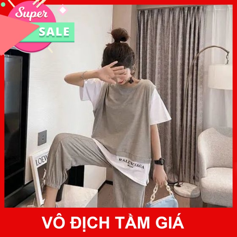 Đồ bộ nữ mặc nhà mặc thể thao đi chơi cộc tay giả 2 mảnh+ quần dài dáng rộng bo chun phong cách mùa hè2022