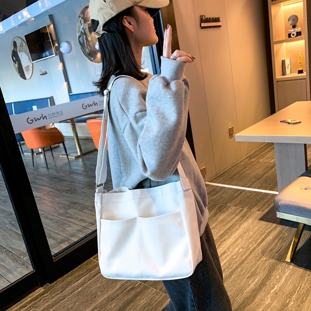 Túi vải đeo chéo nhiều ngăn, túi tote vải canvas giá rẻ đi học đi chơi