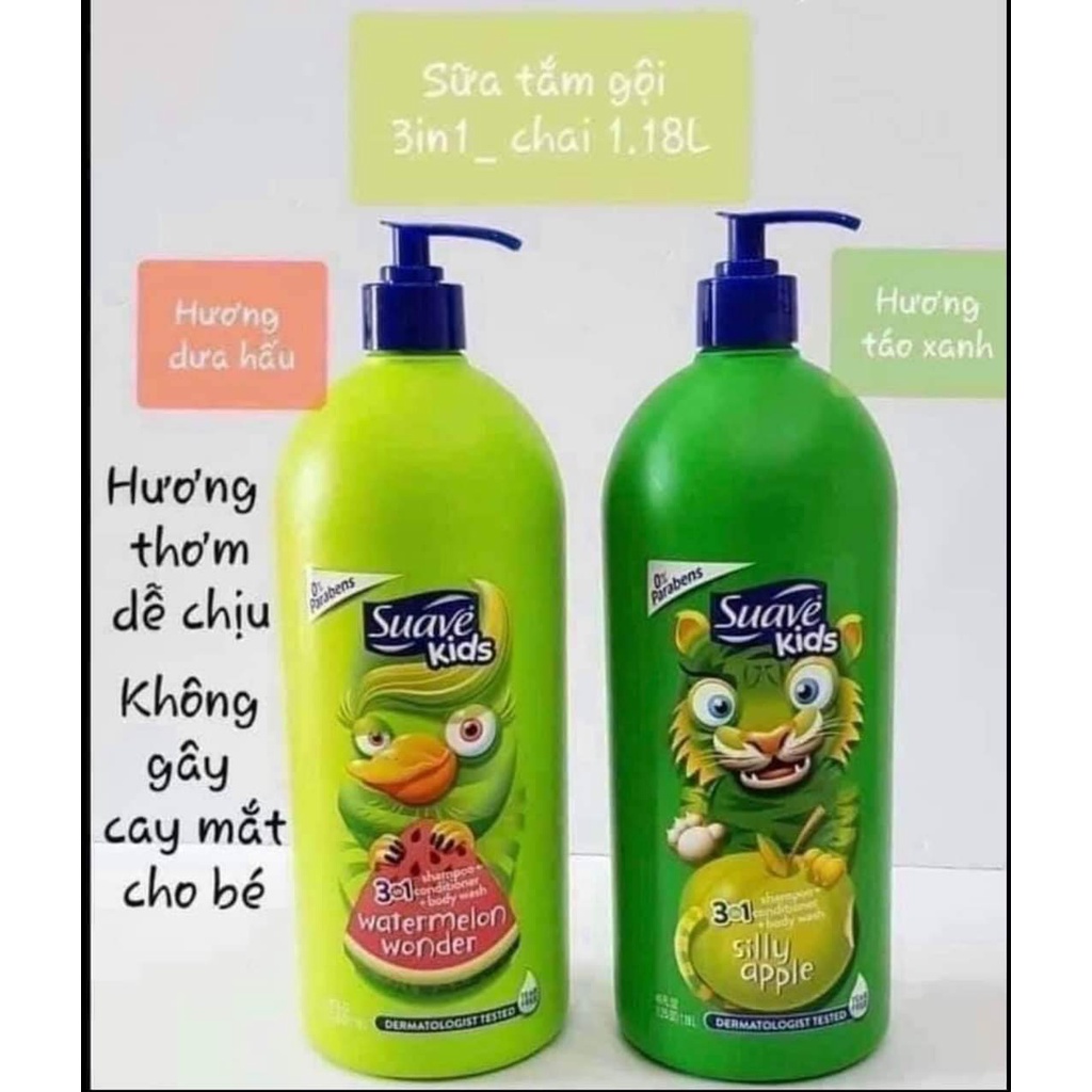Sữa Tắm Gội Xả Suave Kids Mỹ 3in1 Hương Trái Cây Watermelon Wonder 1.18L