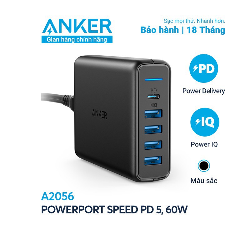 Sạc ANKER PowerPort 5 cổng 60W - 1 USB-C PD 30W & 4 USB A Power IQ 12W - Model A2056  - BH 18 THÁNG