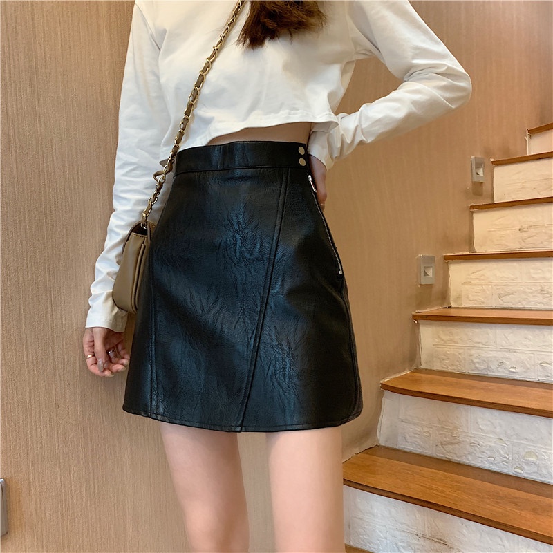 Xiaozhainv Chân váy da PU lưng cao form chữ A phong cách Hàn Quốc trẻ trung cho nữ | BigBuy360 - bigbuy360.vn