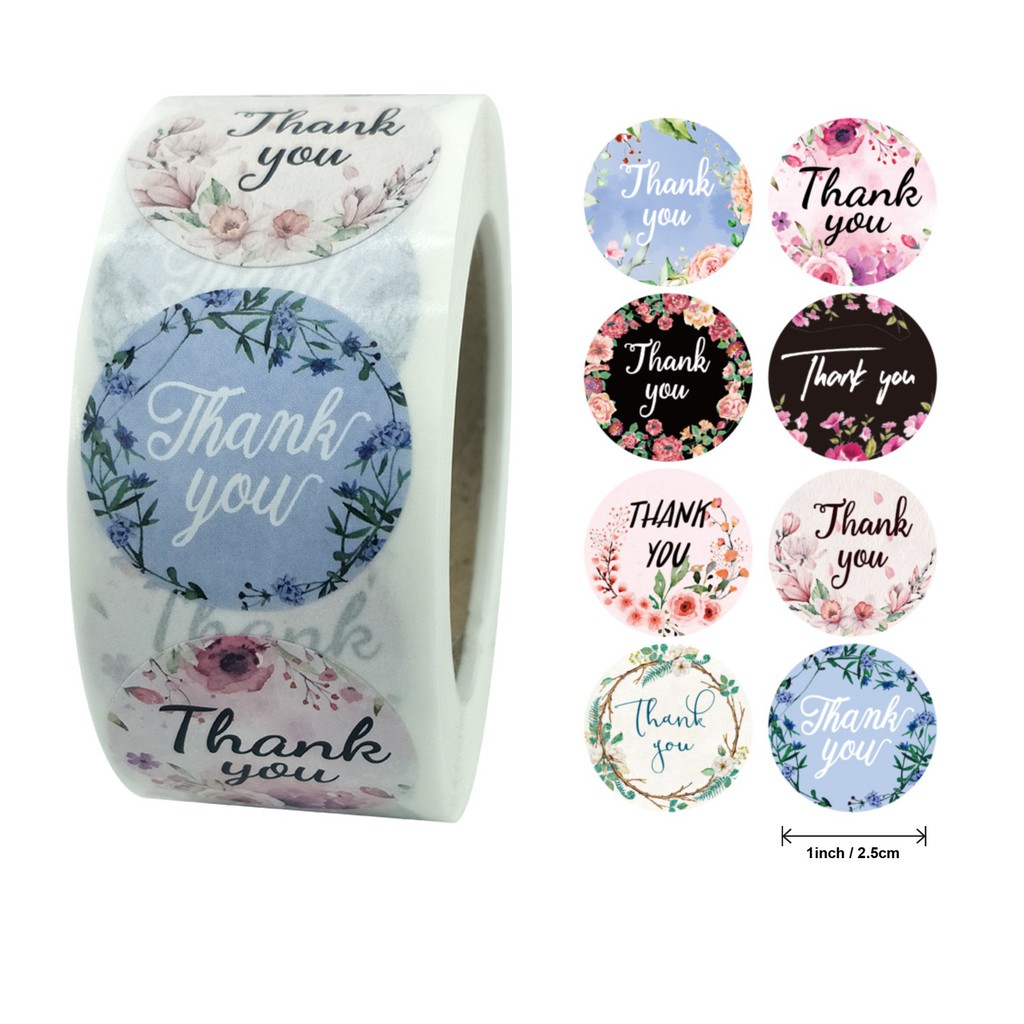 Cuộn 500 sticker - nhãn dán &quot;Thank you&quot; họa tiết hoa nhiều mẫu