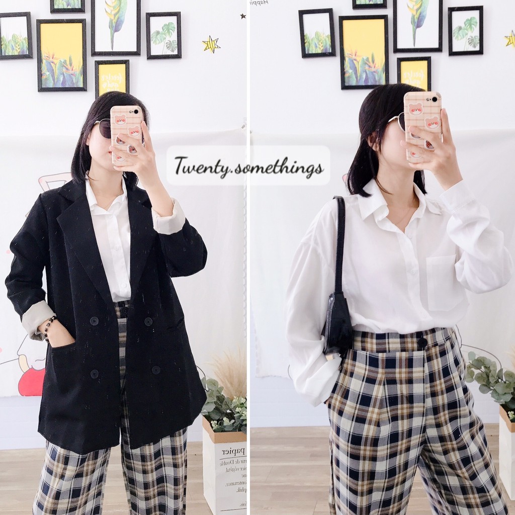 SET 3 MÓN BLAZER + SƠ MI TRẮNG + QUẦN ỐNG SUÔNG KẺ CARO (ảnh thật 100%/sẵn/video)