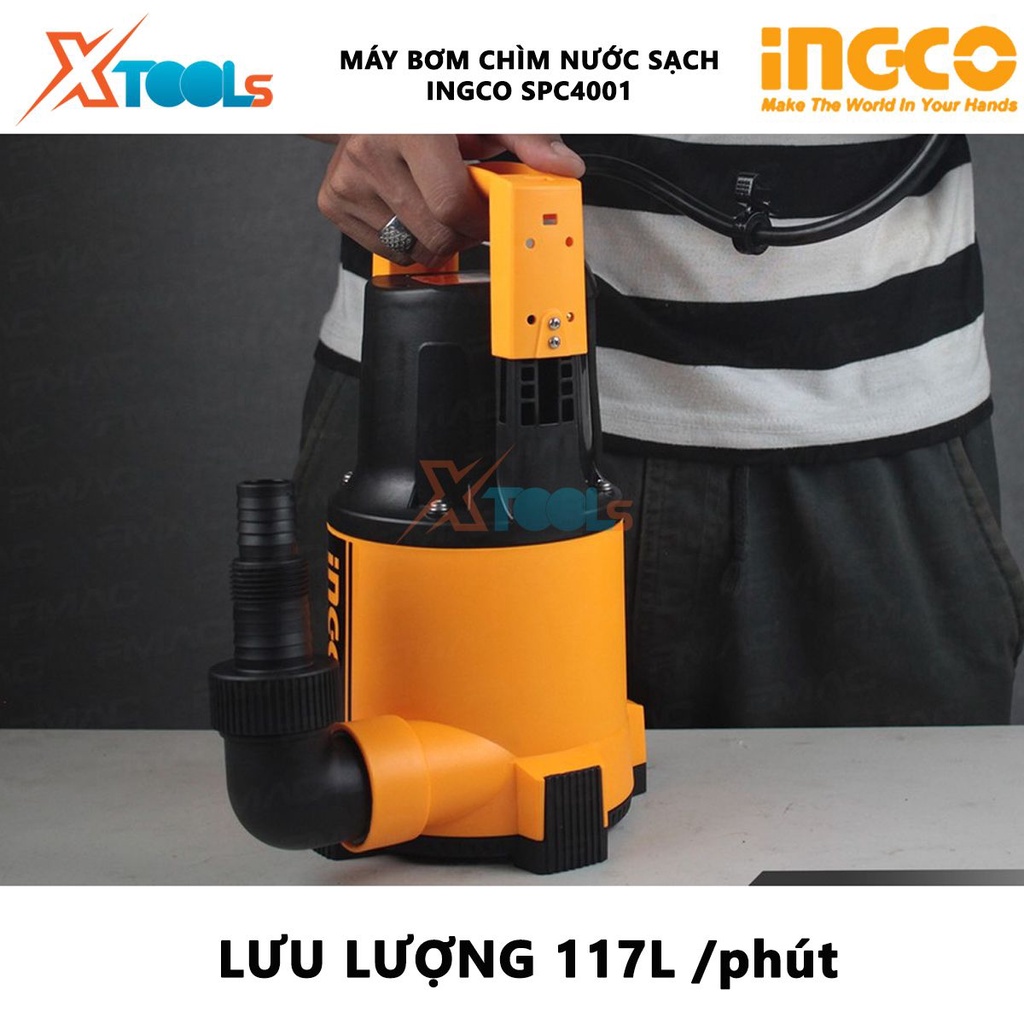 Máy bơm chìm nước sạch INGCO SPC4001 | Máy bơm chìm Điện áp 220-240V ~ 50Hz Công suất đầu vào 400W Cột áp 8M Lưu lượng t