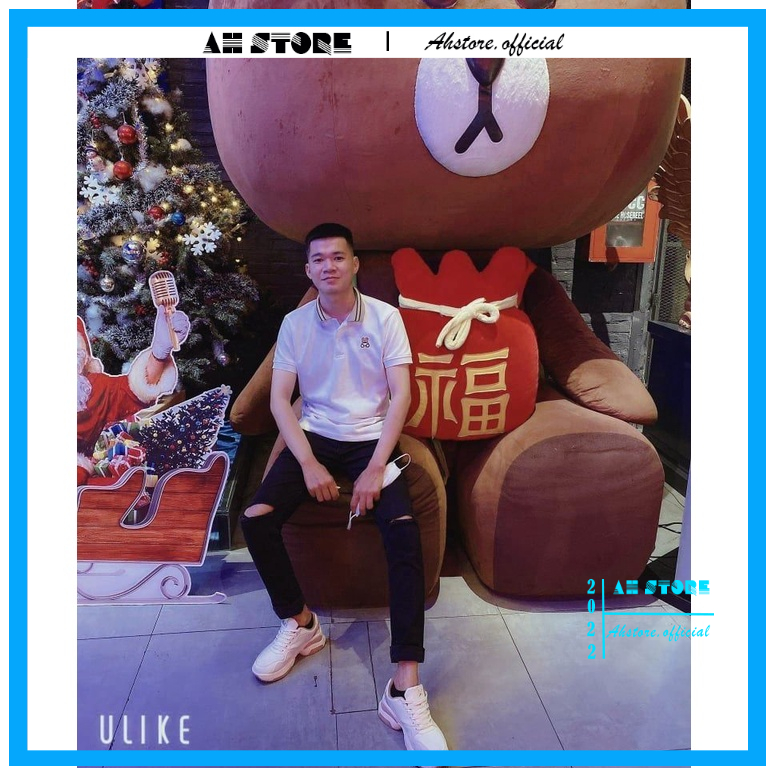 Áo polo nam cổ bẻ tay ngắn , Áo phông thun basic hoạ tiết thêu gấu có cổ vải cotton dày mịn - AHSTORE