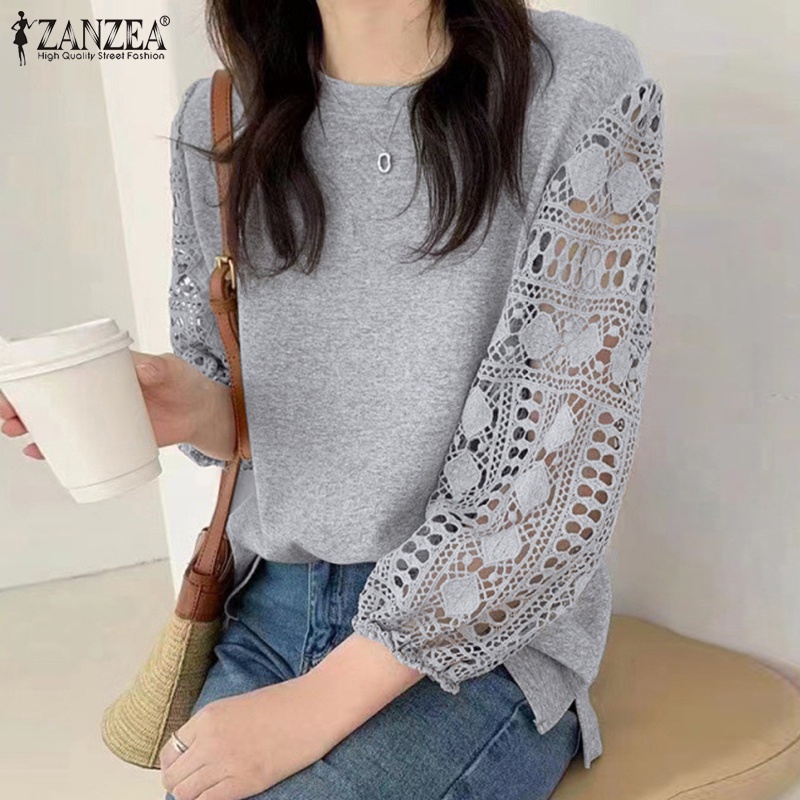 Áo ZANZEA cổ tròn tay 3/4 phối ren thời trang cho nữ