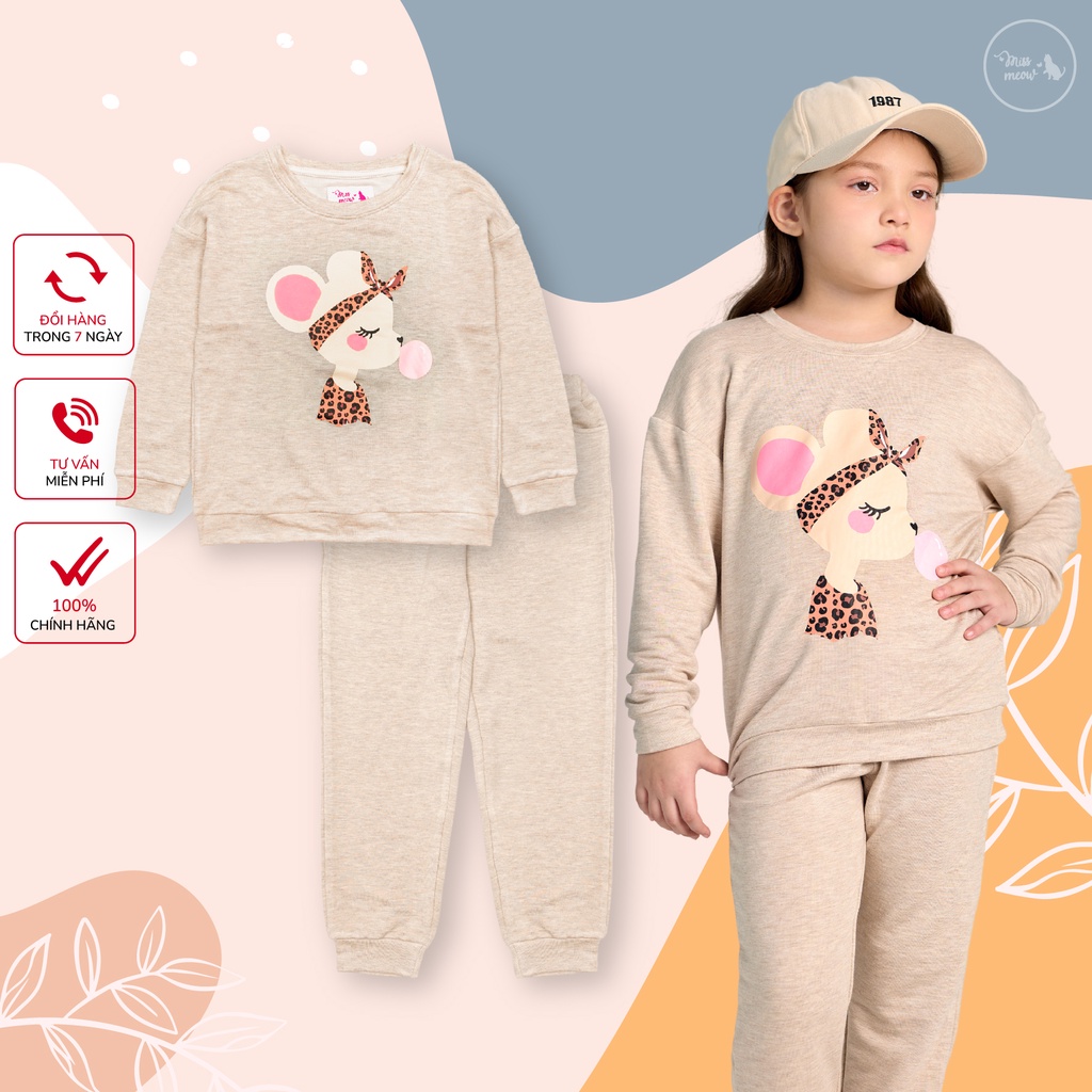 Bộ nỉ bé gái Bigfox Miss Meow size đại, bộ dài tay bé gái nỉ da cá in chuột thổi bóng size trẻ em 3,4,..10,11 tuổi