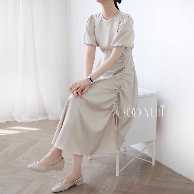 Đầm váy nữ cổ tròn tay phồng nhẹ nhàng thanh lịch vải lụa satin