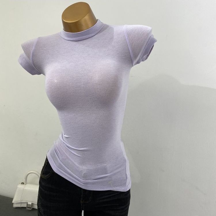 Áo Dài Tay Skinny!F &amp; X Áo Thun Tay Ngắn Cổ Cao Ôm Dáng Co Giãn Màu Trong Suốt Thời Trang Mới 2021