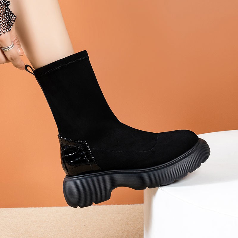 Mùa thu / mùa đông Giày cao cổ màu đen dành cho trẻ em Boots đàn hồi mỏng đế 2021