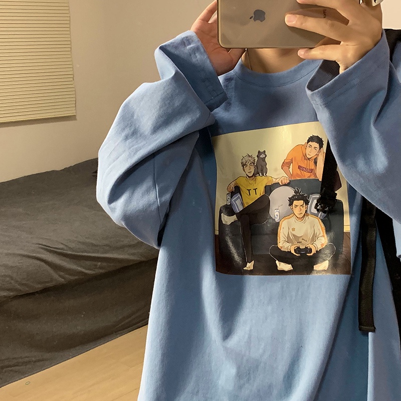 Áo thun tay dài dáng rộng in họa tiết hoạt hình phong cách Nhật Bản thời trang cho nam