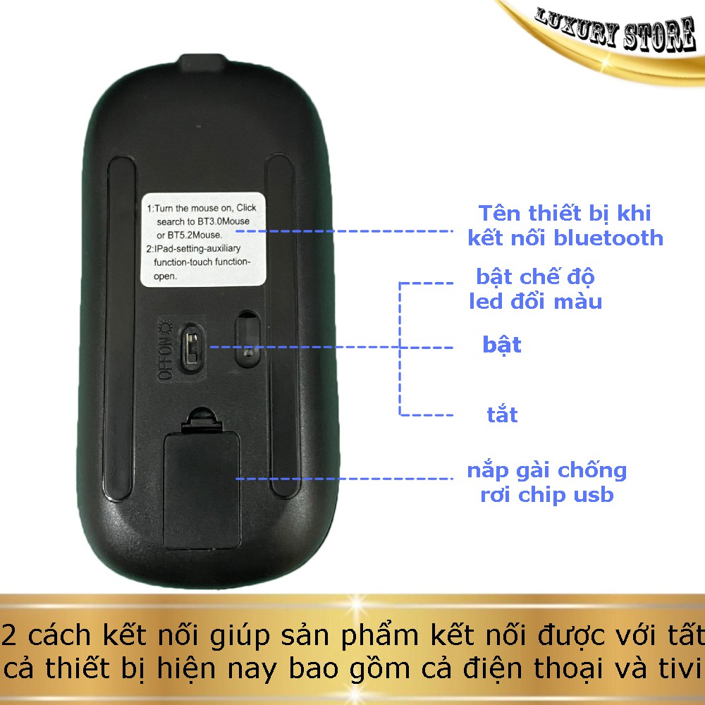 Chuột không dây Bluetooth 2 chế độ kết nối có đèn LED và sạc lại. Kết nối ổn định với mọi thiết bị