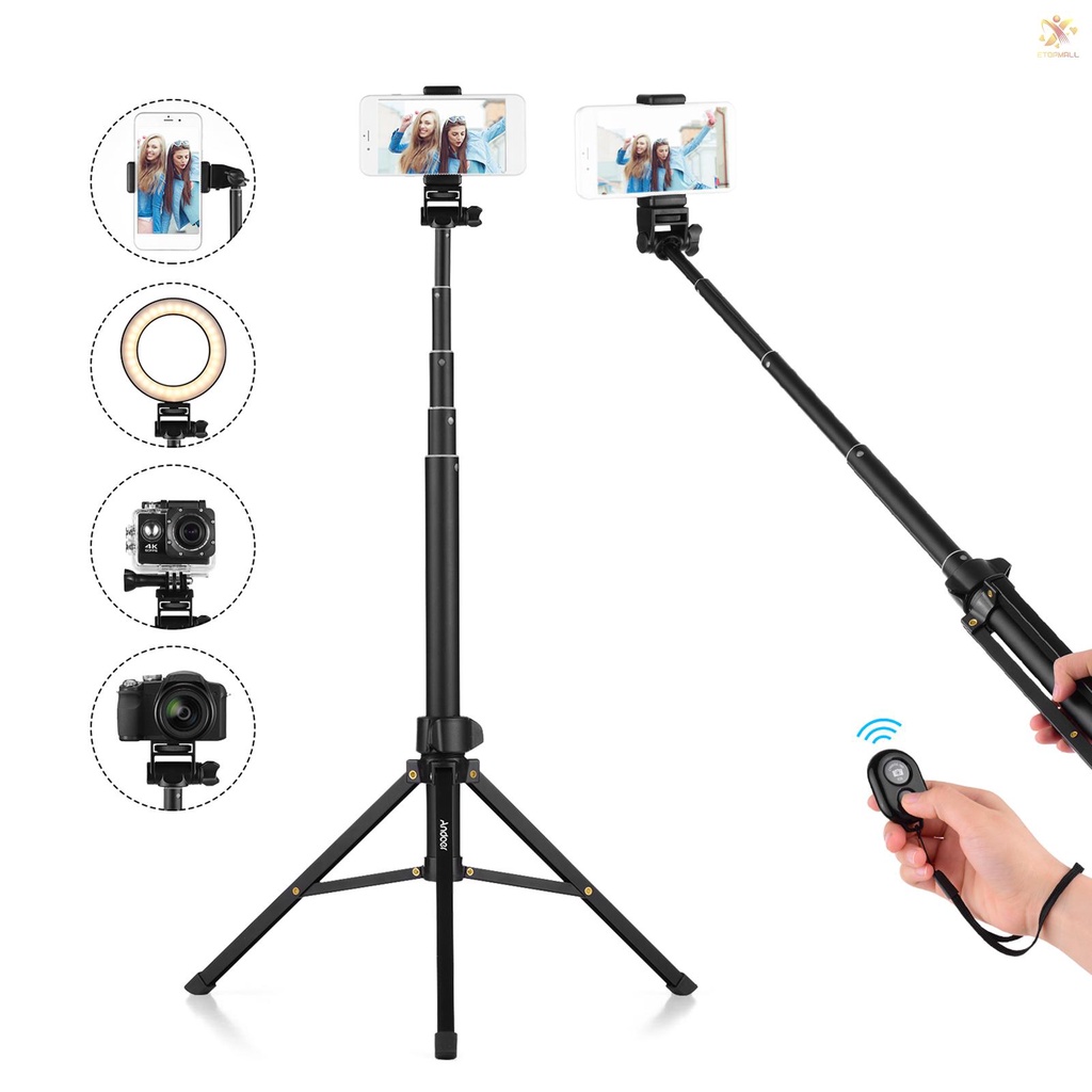 ET Andoer 1.5m/59in 2-in-1 Tripod Stand + Extendable Selfie Stick Aluminum Alloy with Phone Holder Remote Shutter Compatible with  Android Phones for Selfie Group Photo Live Streaming