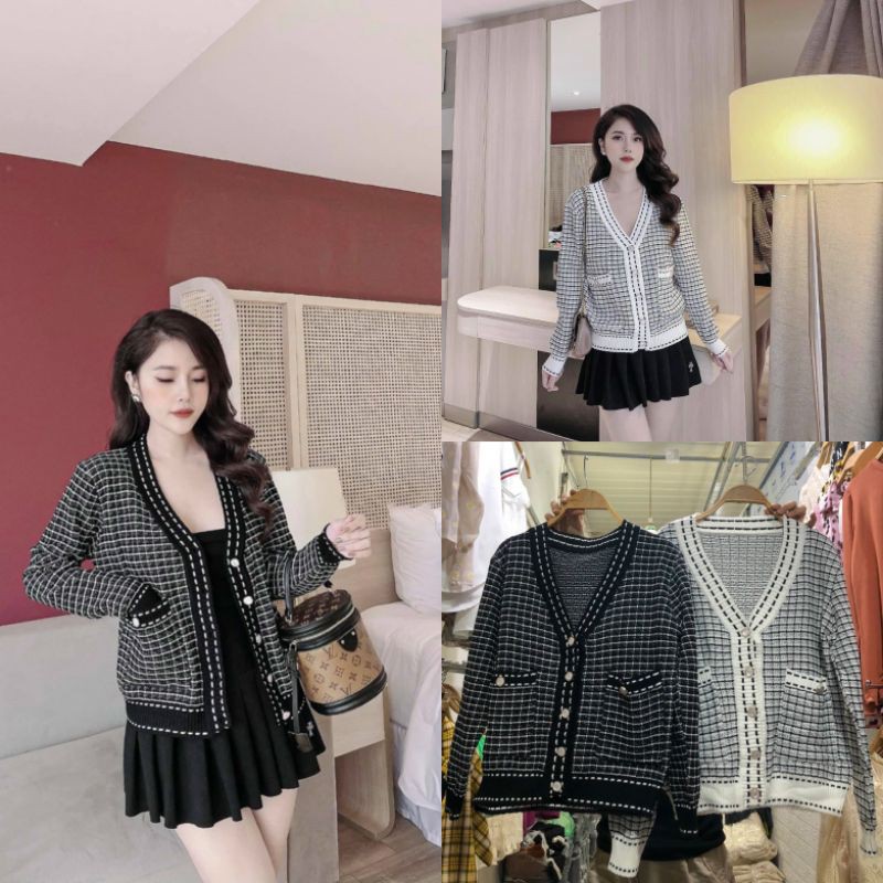 A503 Áo Khoác Len, Áo khoác cadigan chạy viền 2 tone màu trắng đen basic, phối túi 2 bên và cúc ngọc