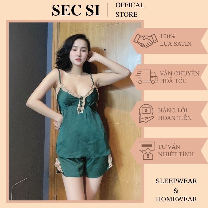Đồ Ngủ Đẹp 💖GIÁ CỰC SỐC💖 Bộ đồ ngủ 2 dây phối ren đính nút có mút ngực - Tặng kèm quần đùi lụa cao cấp cute