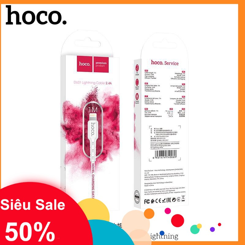 Dây cáp sạc iphone hoco du01 chân type-c/Light/Micro usb - dài 1m - dây sạc iphone bảo hành 6 tháng [ FULL BOX ]