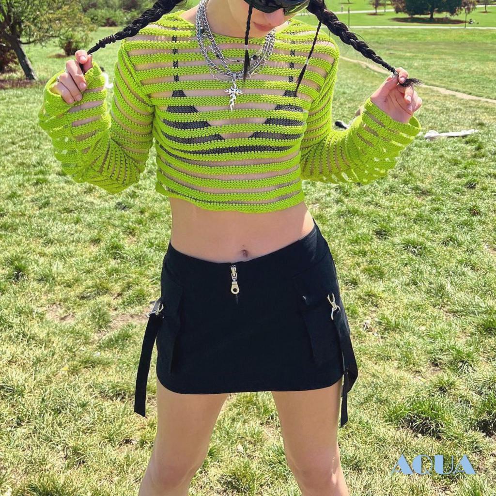 Áo Croptop Dệt Kim Tay Dài Cổ Tròn Xuyên Thấu Kẻ Sọc Ngang Thời Trang Mùa Hè Cho Bạn Gái