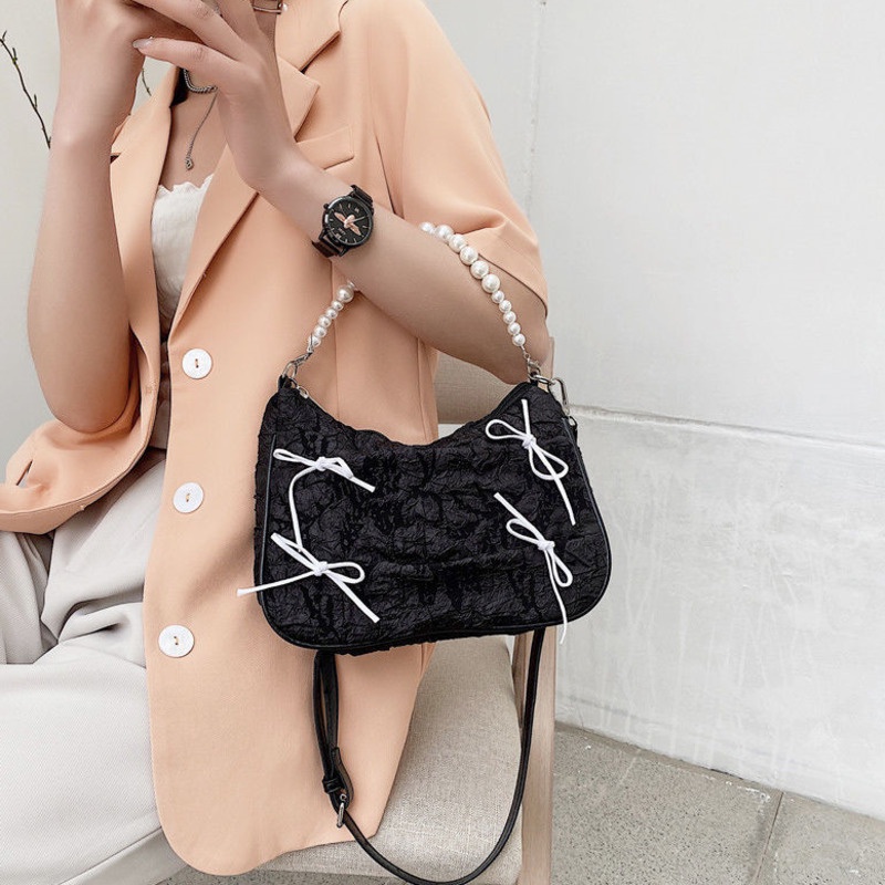 Bag female black fold butterfly bag 2021 new trendy baguette bag pearl portable underarm bag shoulder messenger bag