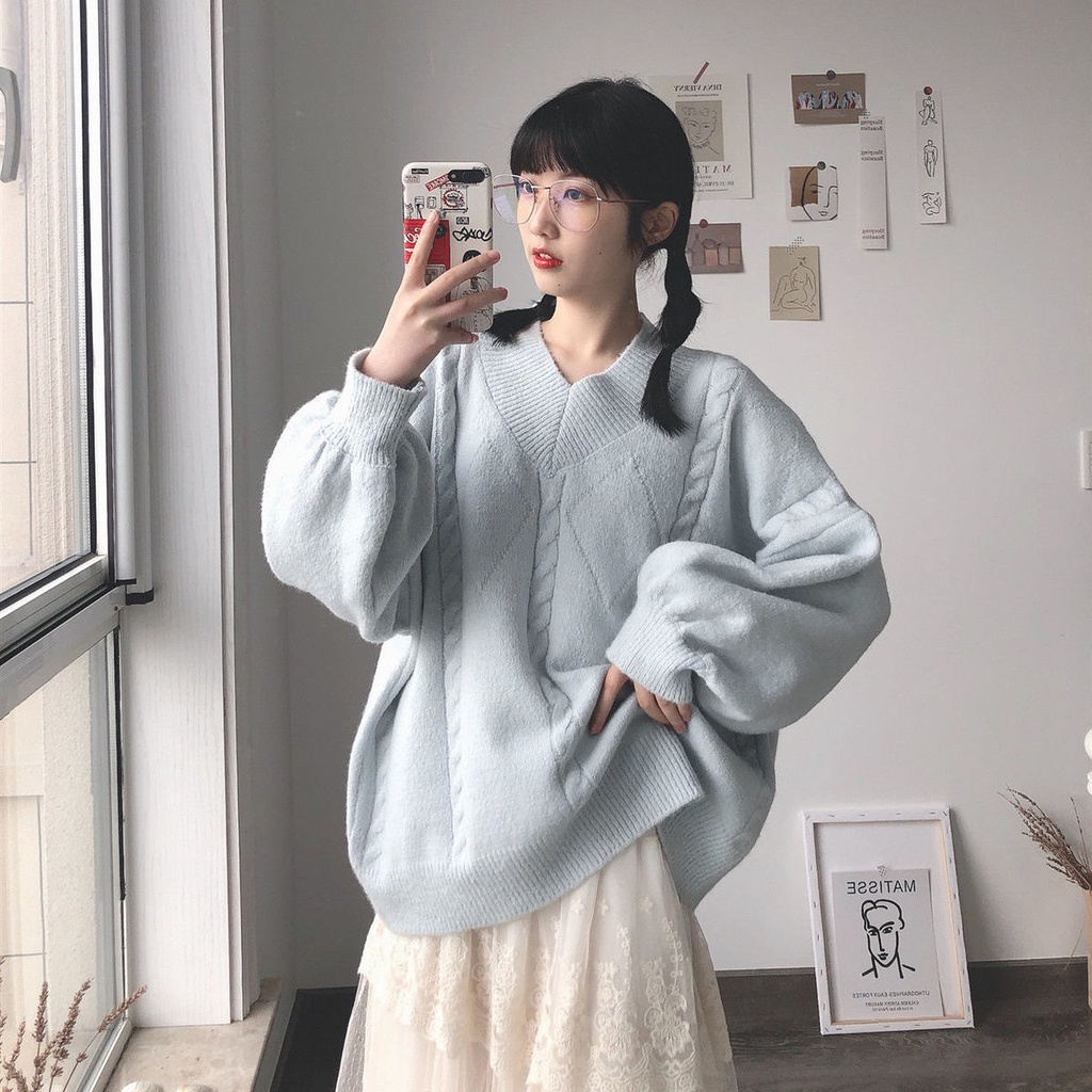 Mới Áo Sweater Dệt Kim Tay Dài Dáng Rộng Cổ Chữ V Màu Trơn Kiểu Hàn Quốc Xinh Xắn Cho Nữ