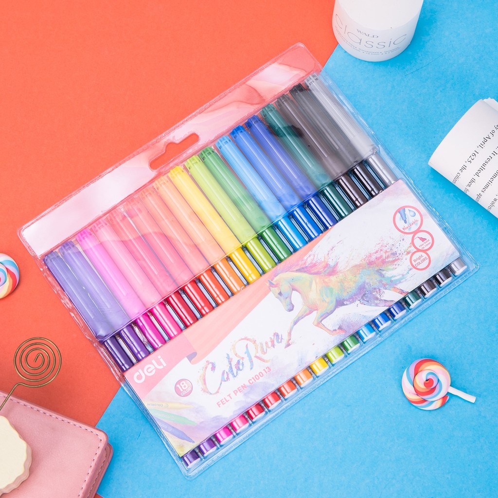 [Ship hỏa tốc] Vỉ bút lông màu Colorun Felt Pen Deli - ByLy Store 12 màu C10003 - 18 màu C10013 - 24 màu C10023