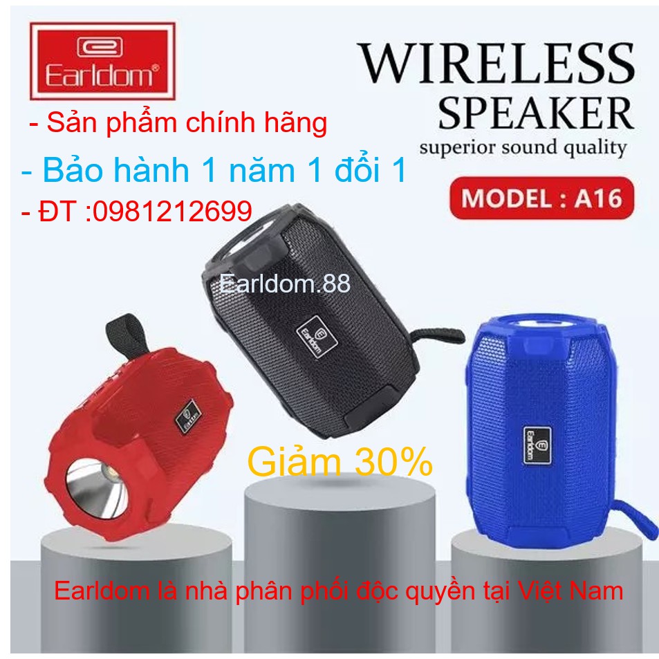 Loa bluetooth không dây Earldom A16 âm thanh chân thực - âm bass sâu - treble trong trẻo tích hợp đèn pin