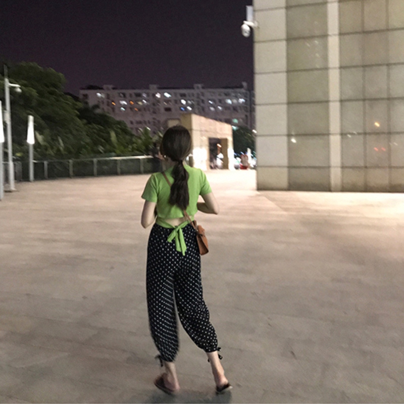 2pcs/women Wave point loose long pants + sexy short sleeve T-shirt | BigBuy360 - bigbuy360.vn