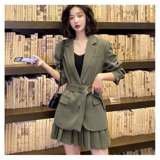 Set Áo Blazer Kèm Chân Váy - Bộ Vest Tay Dài Trơn Dày Dặn