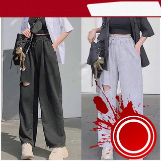 【Hàng sẵn sàng】 quần thun cạp chun rách ống rộng (cắt)