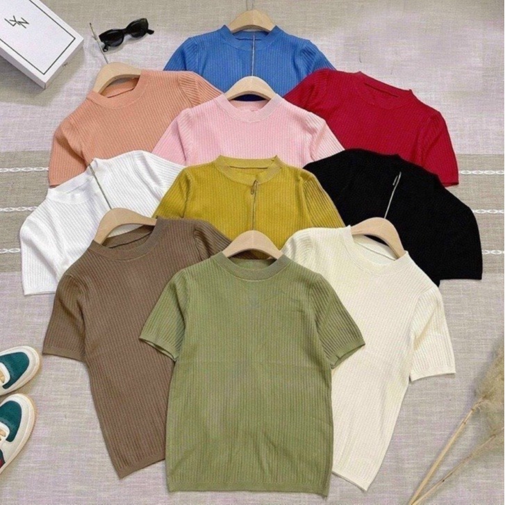 Áo Len Nữ Gân Tăm Cổ Tròn Chất Đẹp  - Áo Dệt Kim Cộc Tay Hàng Quảng Châu Cao Cấp Loại 1