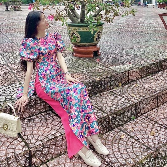 Áo Dài Tết , áo dài Cách Tân In Hoa May Sẵn Cao Cấp