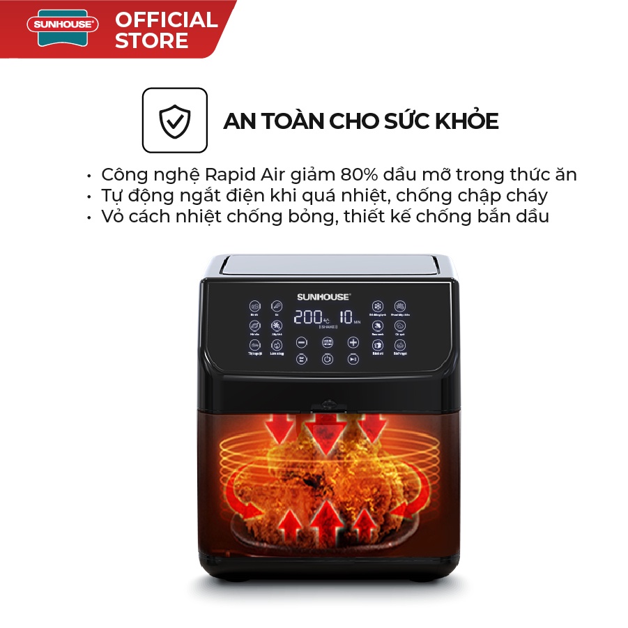 Nồi chiên không dầu 6L Sunhouse SHD4087 dung tích 6L | Đa chức năng 12 trong 1 | Cài đặt thời gian, nhiệt độ chính xác