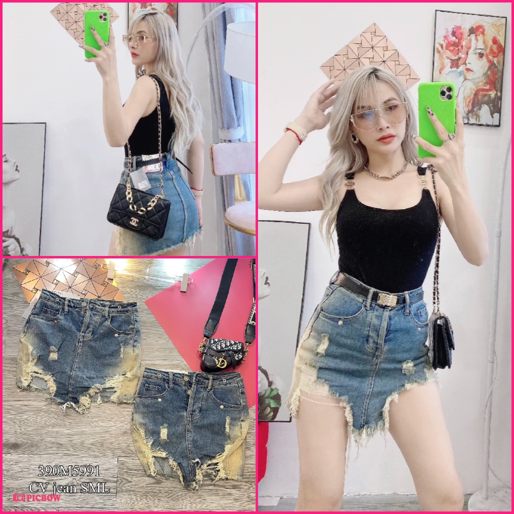 Chân váy jeans rách phong cách sexy có quần trong hàng quảng châu chất jean cao cấp co dãn m5991