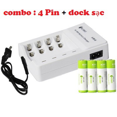 Combo 4 pin sạc AA và dock sạc pin Kiwi 4 chân