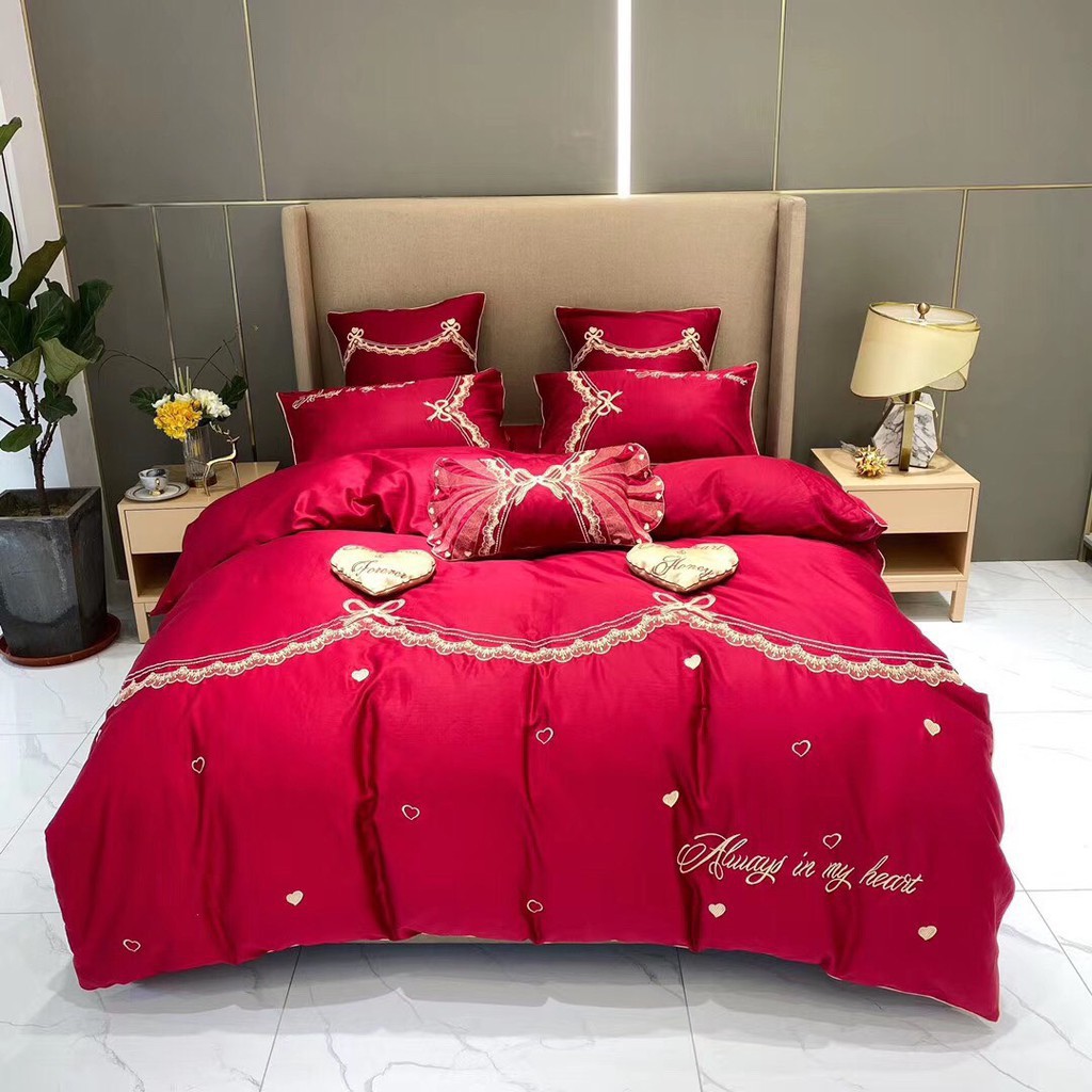 Bộ chăn ga gối cao cấp cotton lụa cưới ren đỏ