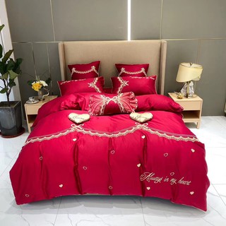 Bộ chăn ga gối cao cấp cotton lụa cưới ren đỏ