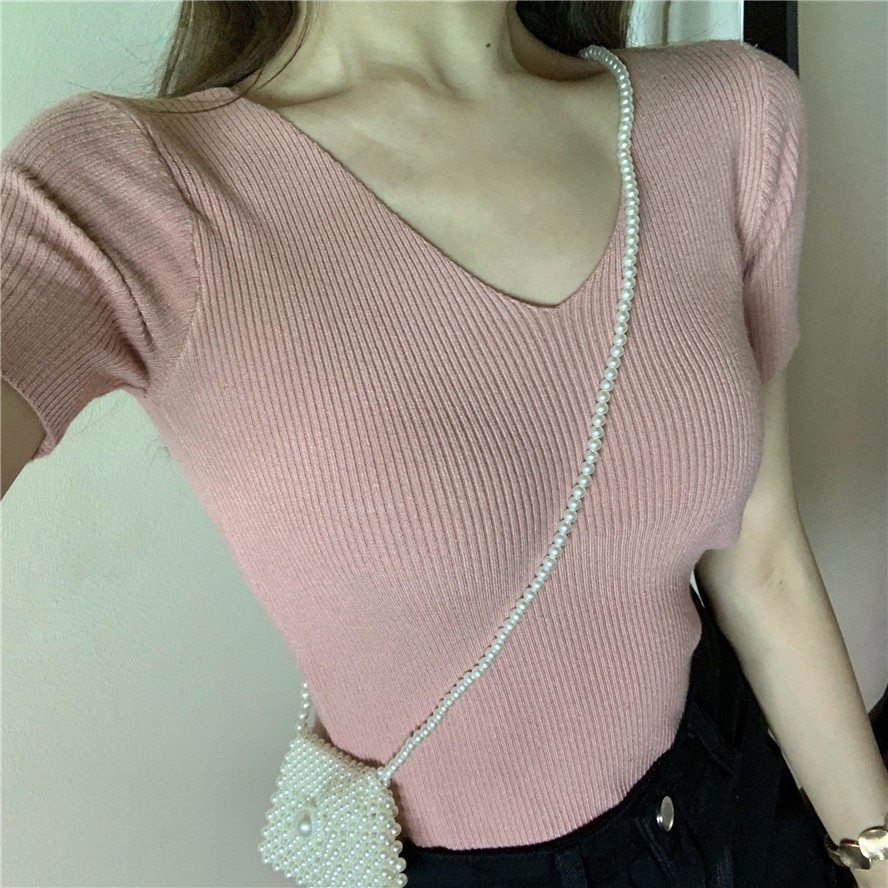 Áo dệt kim SUXI cổ chữ V tôn dáng nhiều màu sắc dễ thương cho nữ