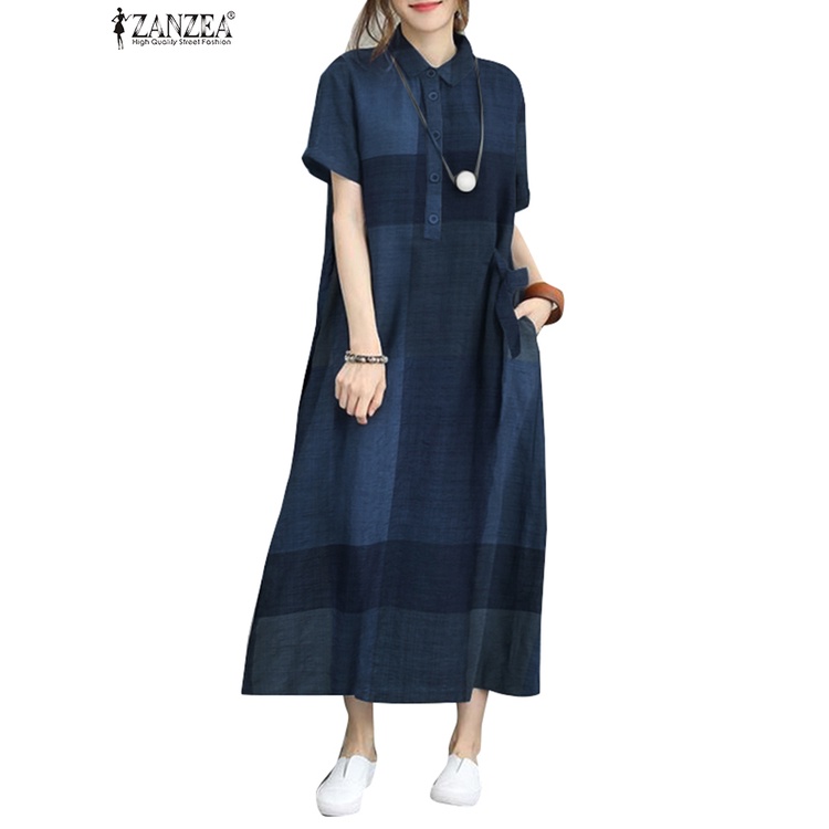 Đầm sơ mi ZANZEA tay ngắn họa tiết caro thời trang sành điệu cho nữ