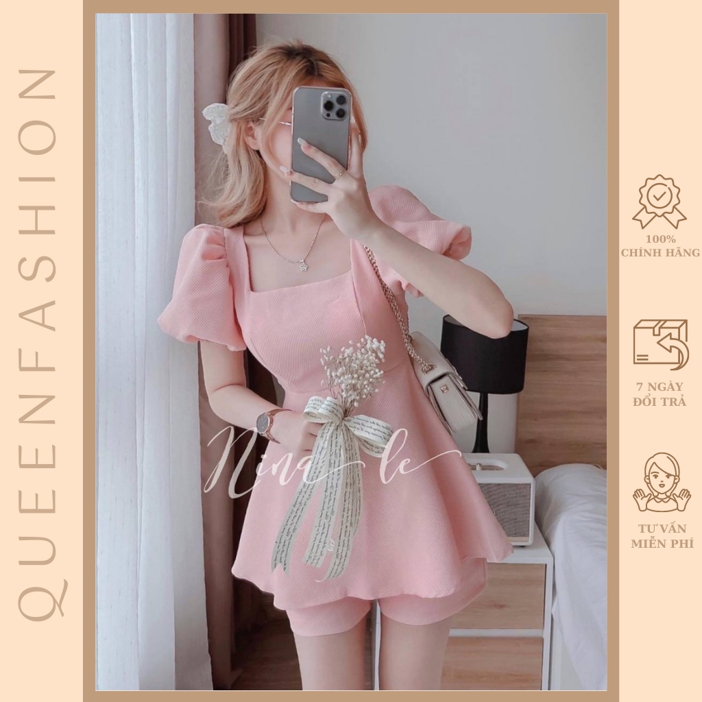 Set Babydoll cổ vuông tay phồng kèm quần short trẻ trung, đáng yêu