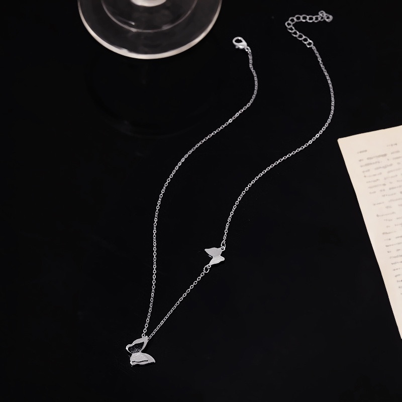 Vòng cổ Hai Lớp Họa Tiết Cánh Bướm Màu Bạc Sang Trọng Đơn Giản Cho Nữ