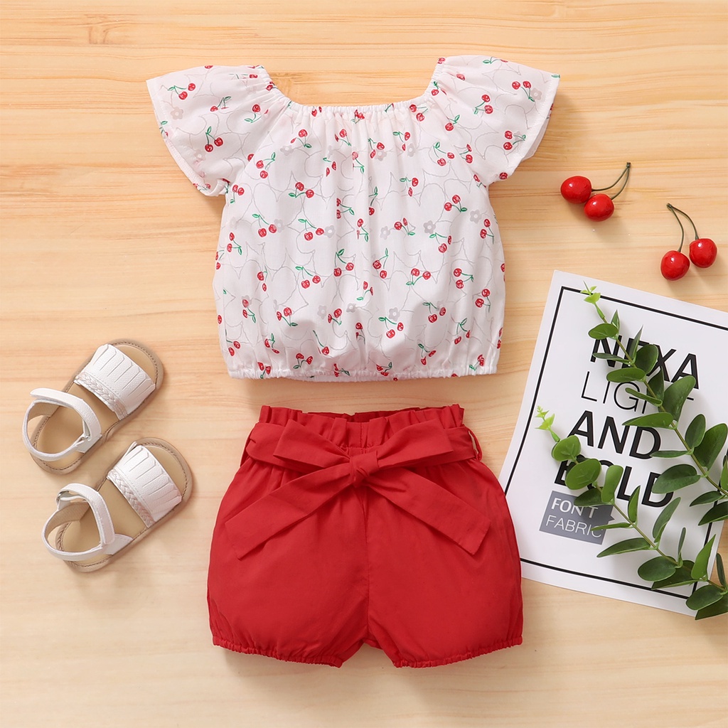 Set đồ 2 món Mikrdoo gồm áo tay cộc in họa tiết quả cherry + quần ngắn màu đỏ thời trang mùa hè cho bé gái