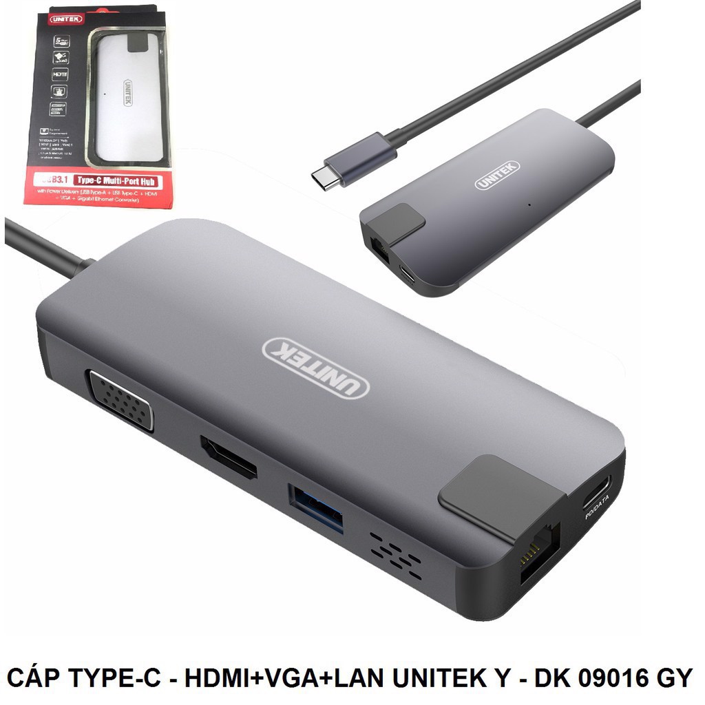 Bộ Chia/ Hub Type-C Ra HDMI / VGA / LAN Cao Cấp Unitek Y-DK 09016GY