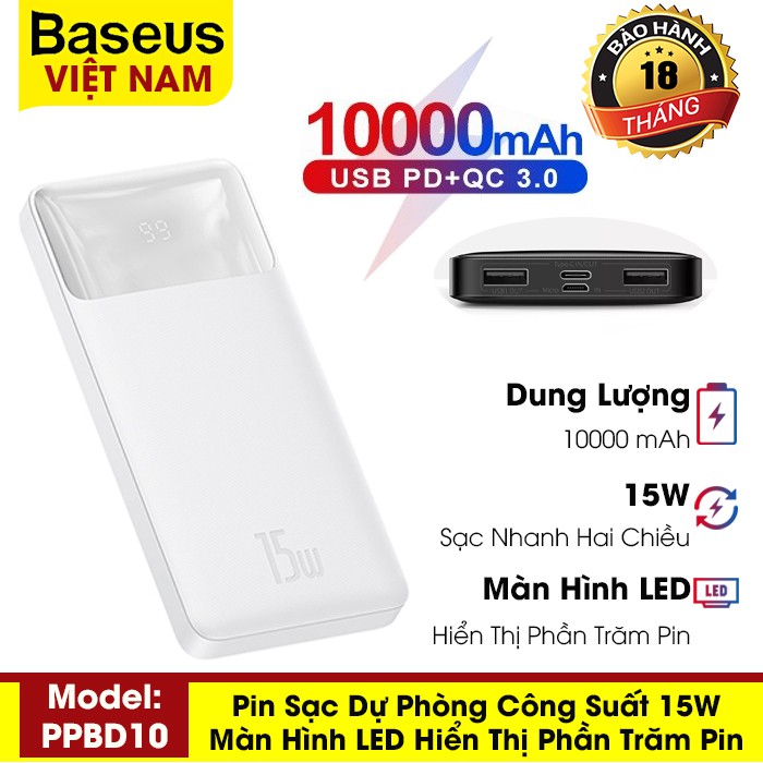 Pin sạc dự phòng Baseus dung lượng 10000mAh, công suất 15W sạc nhanh QC, PD, màn hình LED hiển thị