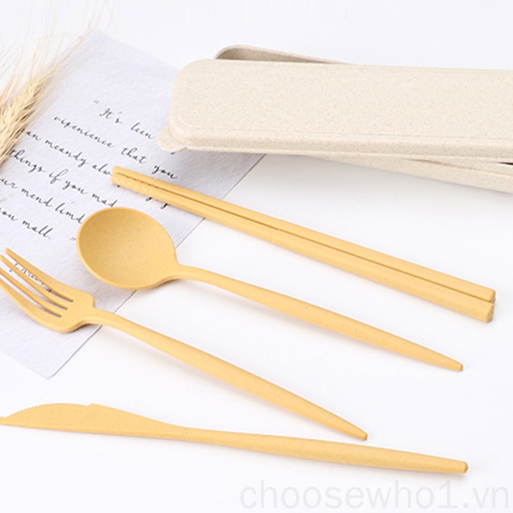 Bộ 4 dụng cụ bàn ăn bằng lúa mạch kèm hộp đựng tiện dụng