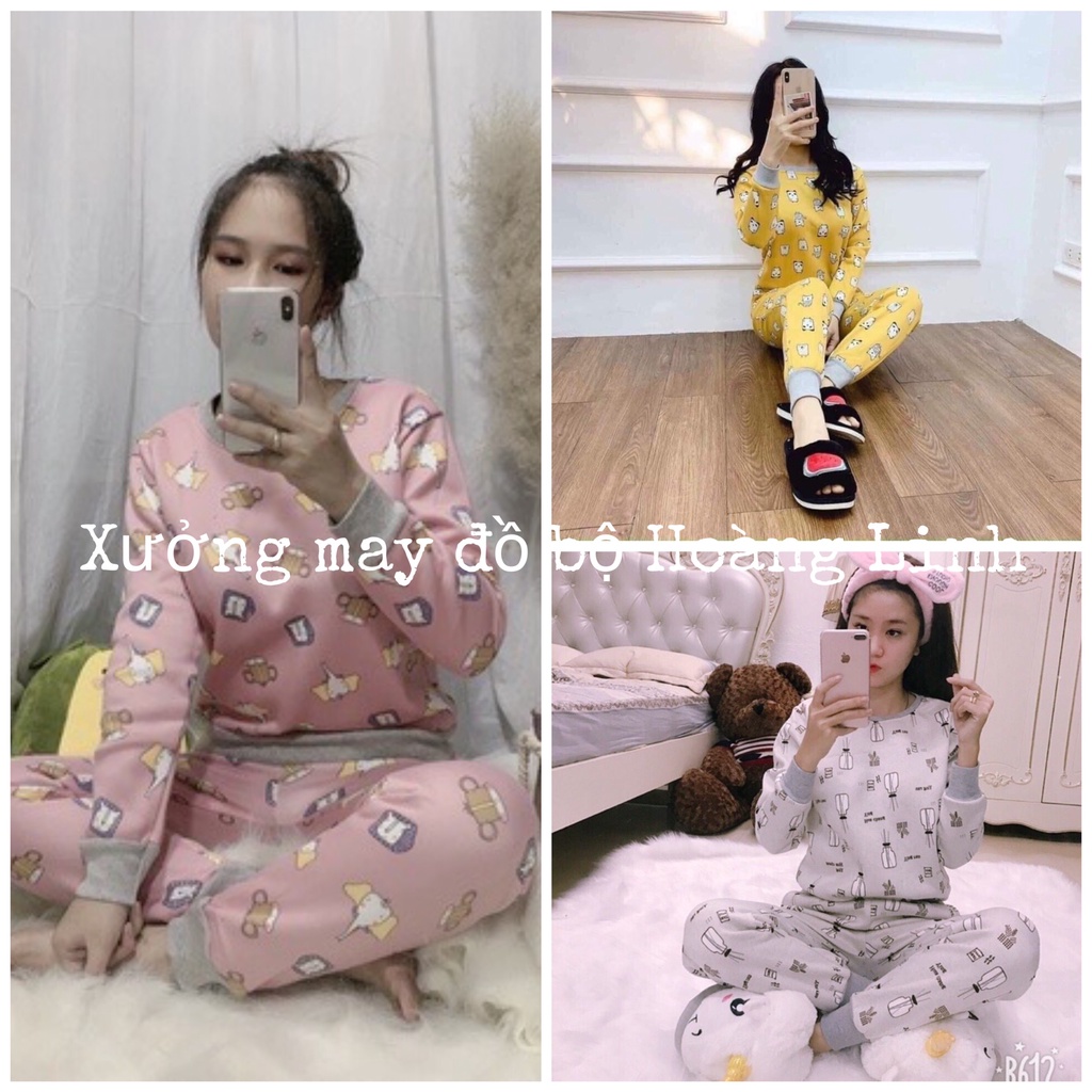 Bộ nỉ bông nhiều họa tiết nữ, set quần ống bo áo dài tay đẹp icon dễ thương bánh bèo tiểu thư Ulzzang